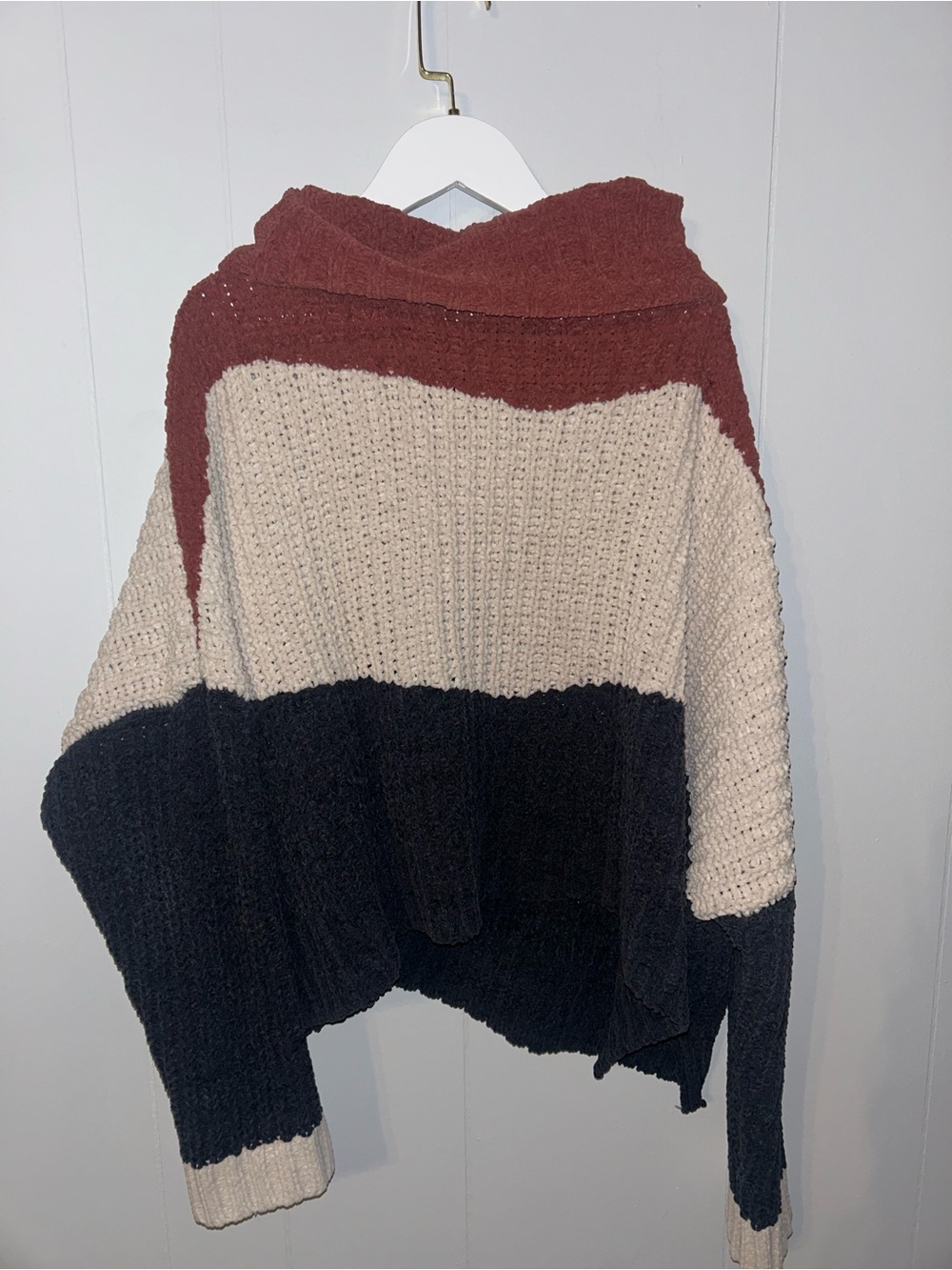 POL Colorblock Cowl Sweater - Rust, Cream & Black